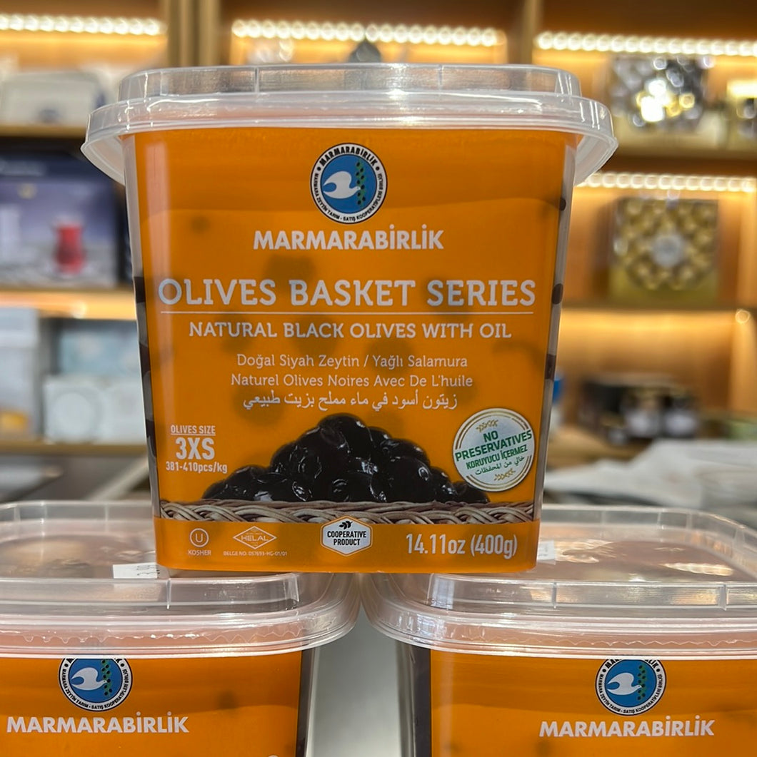 MARMARABIRLIK GEMLIK BLACK OLIVES BASKET SERIES 3XS (381-410) 400GR PLASTIC