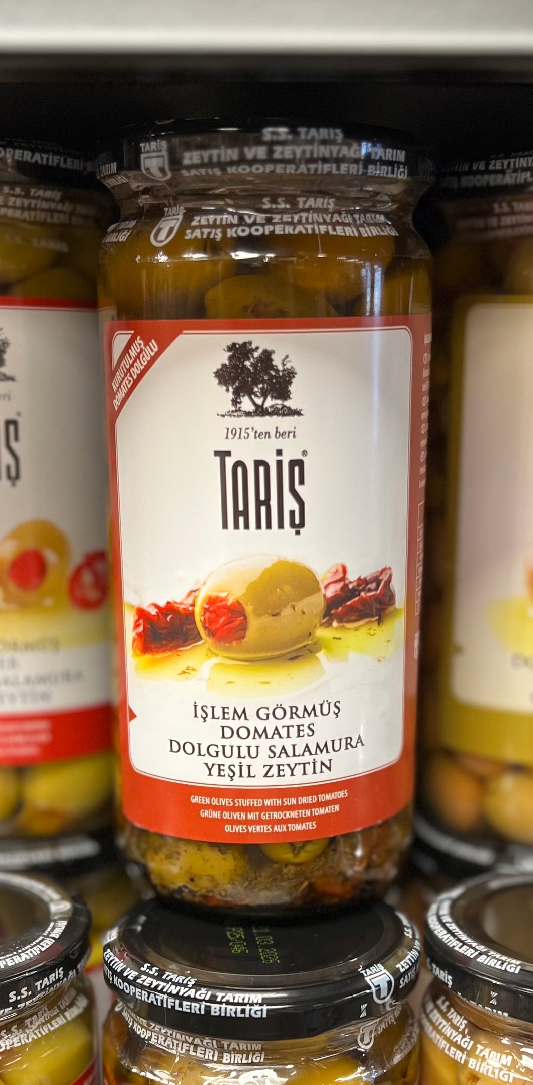 TARIS GREEN OLIVES STUFFED W/SUN DRIED TOMATOES 500cc