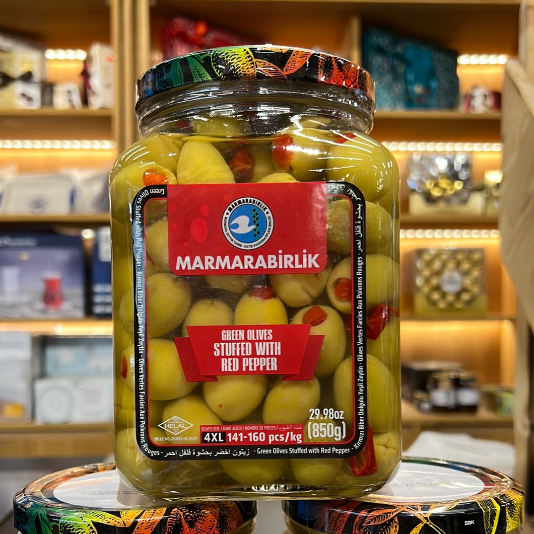 MARMARABIRLIK GREEN OLIVES 4XL W PEPPER 850GR GLASS (141-160)