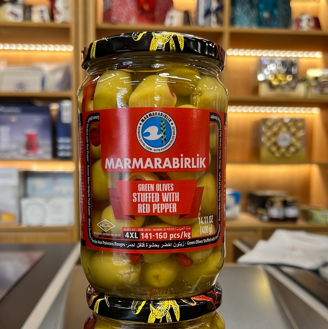 MARMARABIRLIK GREEN OLIVES 4XL W PEPPER 400GR GLASS (141-160)