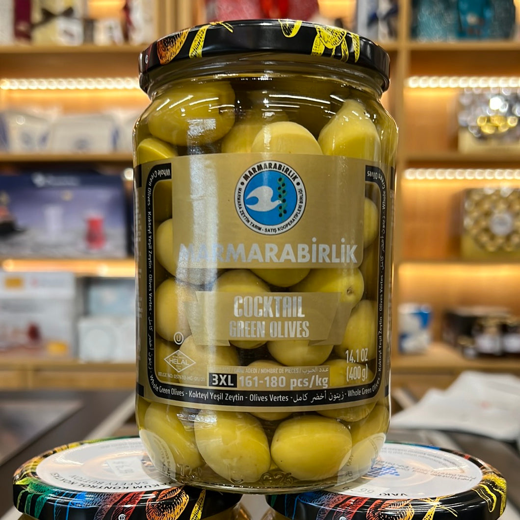 MARMARABIRLIK GREEN OLIVES 3XL WHOLE KOKTEYL 400GR GLASS (161-180