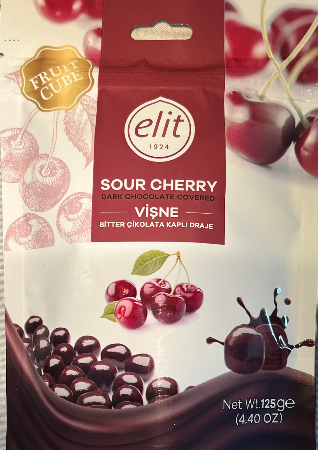 ELIT DARK CHOCOLATE COVERED SOUR CHERRY DRAGE 125GR