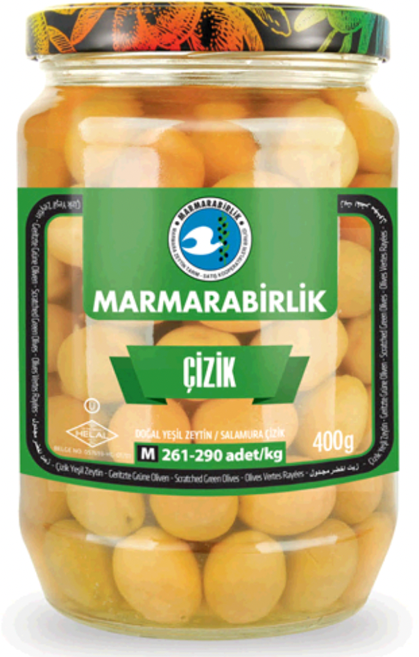 MARMARABIRLIK GREEN OLIVES M SCRATCHED (261-290) 400GR GLASS