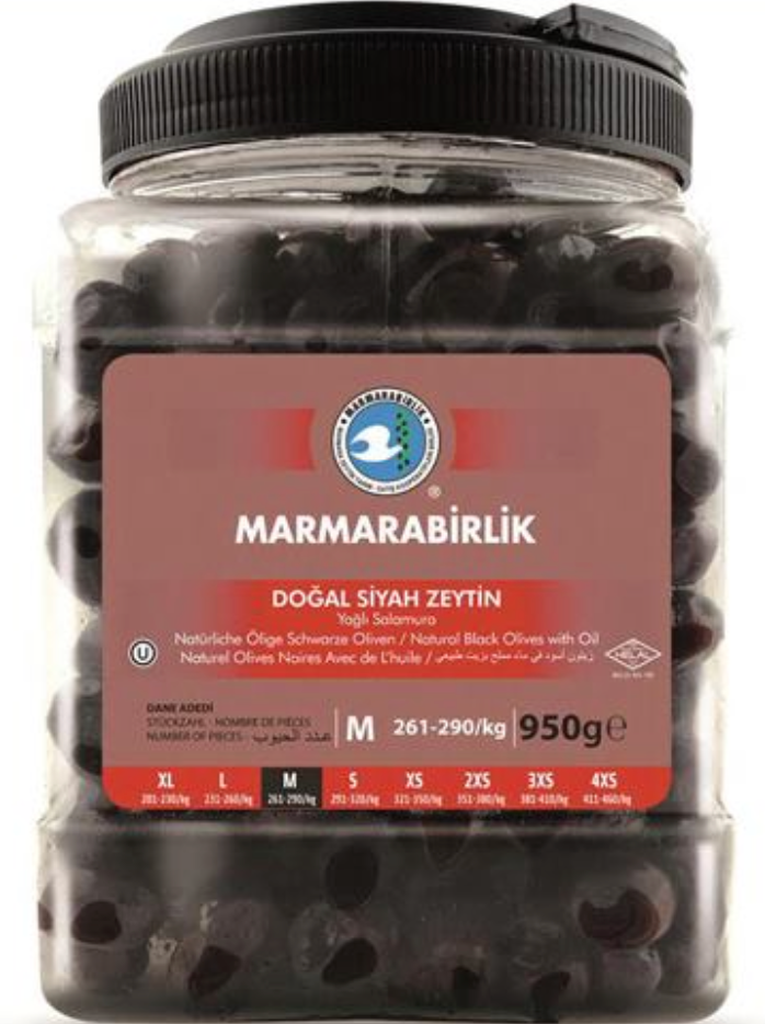 MARMARABIRLIK GEMLIK BLACK OLIVES M SUPER 950GR PLASTIC