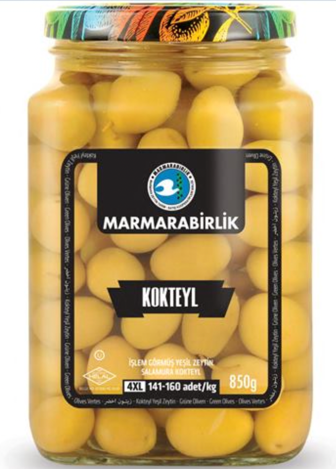 MARMARABIRLIK GREEN OLIVES 3XL WHOLE (KOKTEYL 161-180) 850GR GLASS