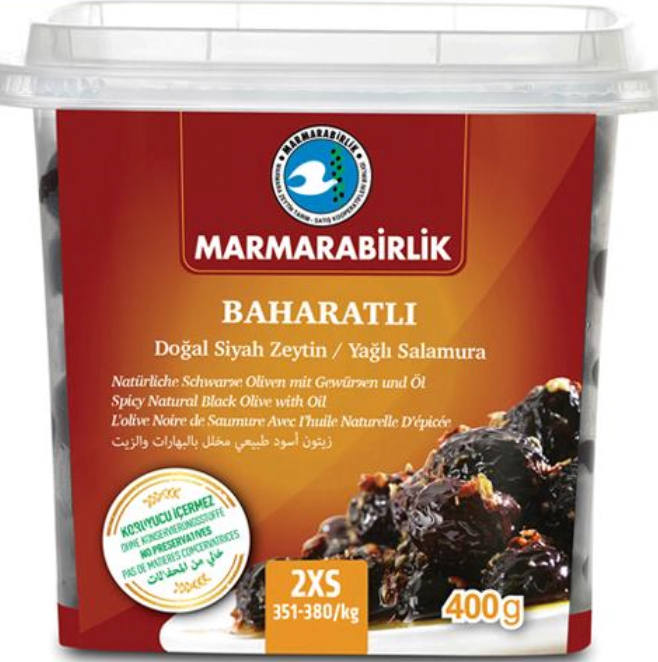 MARMARABIRLIK GEMLIK BLACK OLIVES 2XS CESNILI (351-380) 400GR PLASTIC