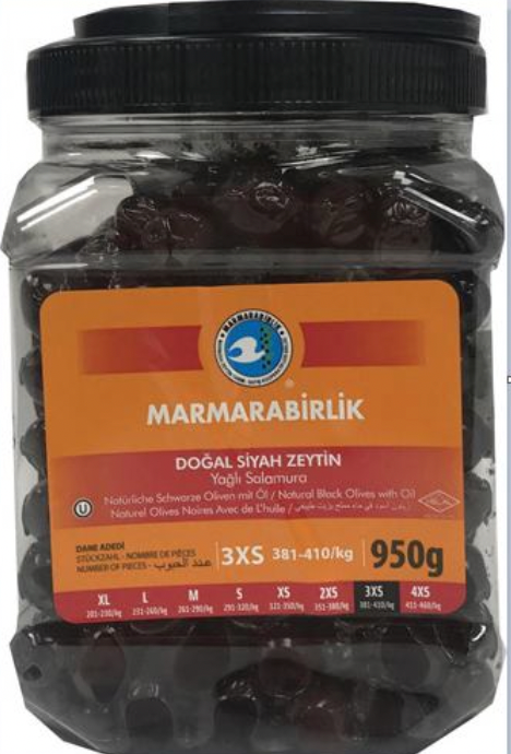 MARMARABIRLIK BLACK OLIVES 3XS LUKS 950GR PLASTIC